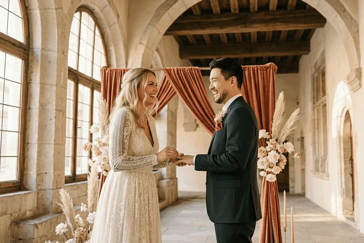Newlyweds in front of their wedding venue