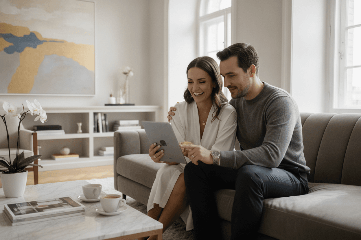 Couple planning their wedding on a tablet