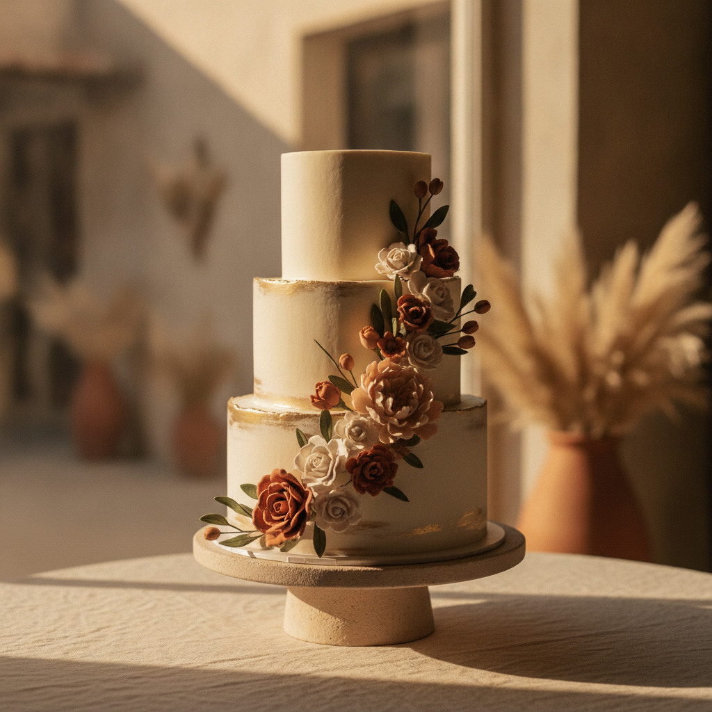Gâteau de mariage à trois étages avec fleurs
