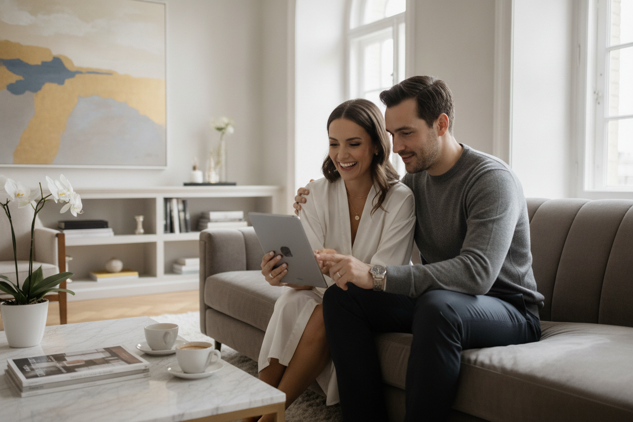 Couple planifiant leur mariage sur une tablette