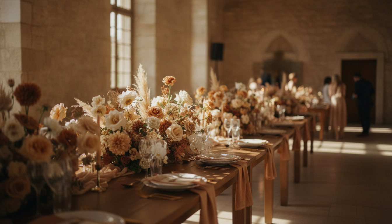 Décor floral de table dans un lieu en pierre